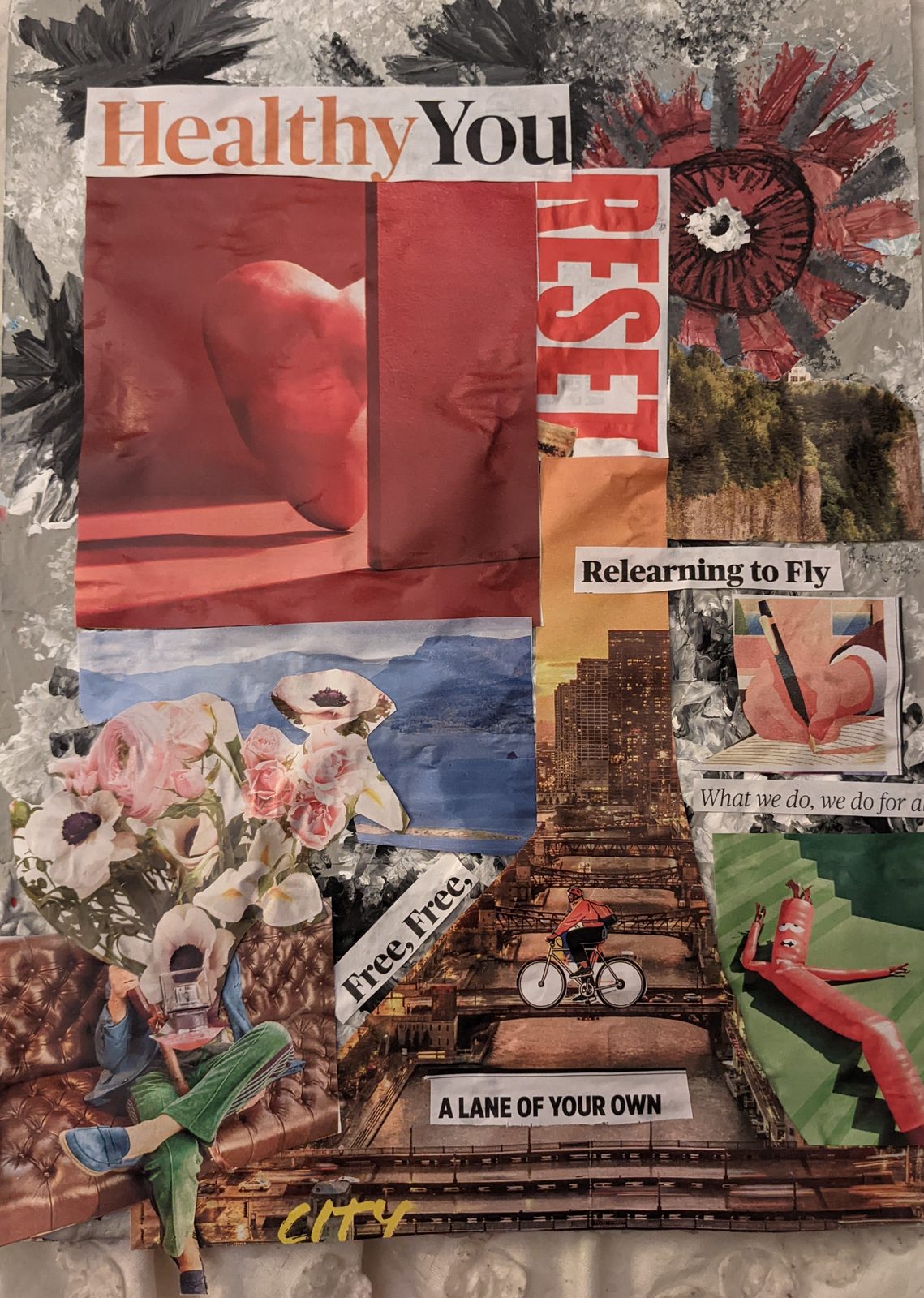 Mixed-media collage artwork made in art therapy sessions, themed around wellness and resetting