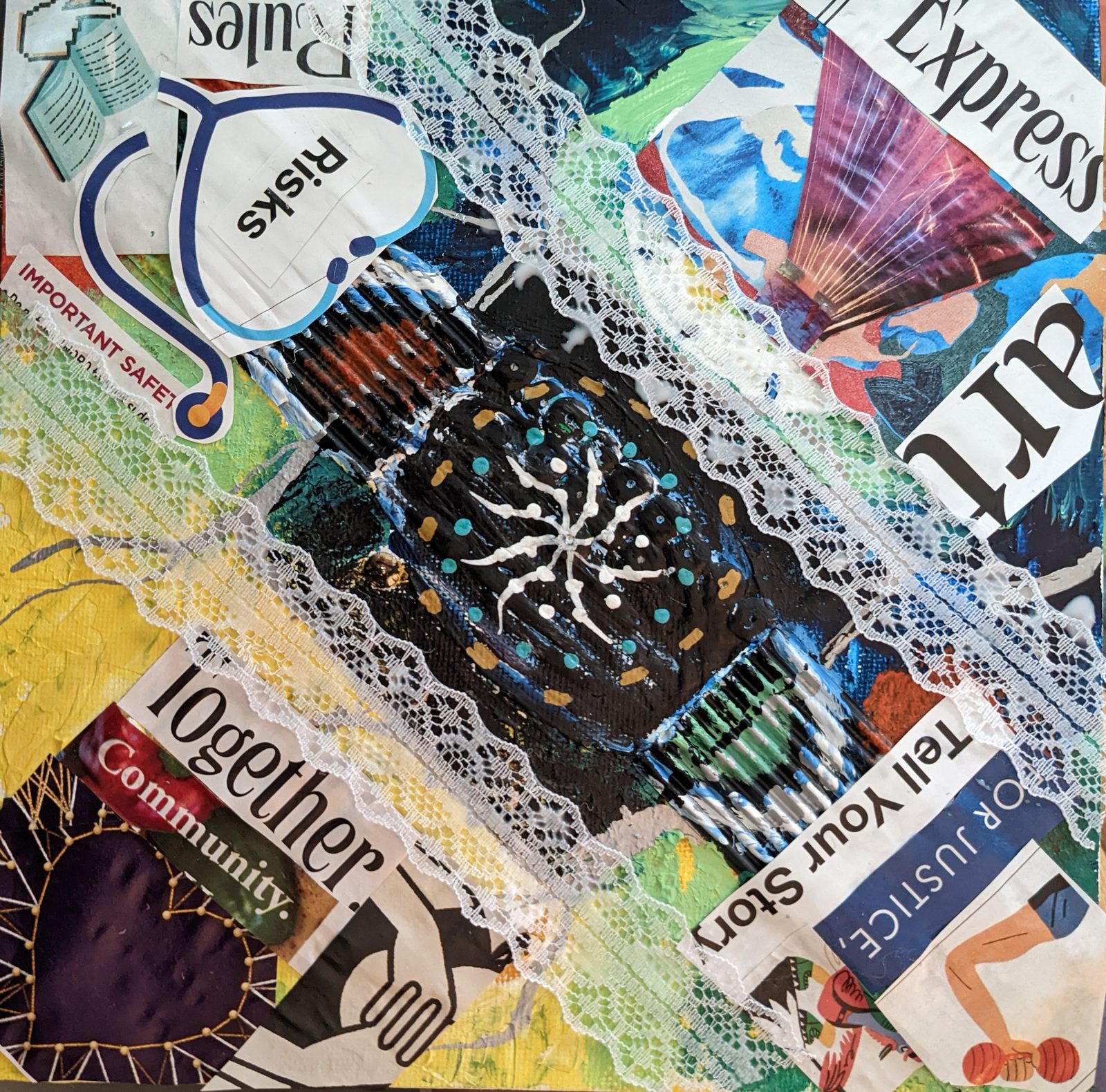 Mixed-media textile and lace collage artwork made in art therapy sessions
