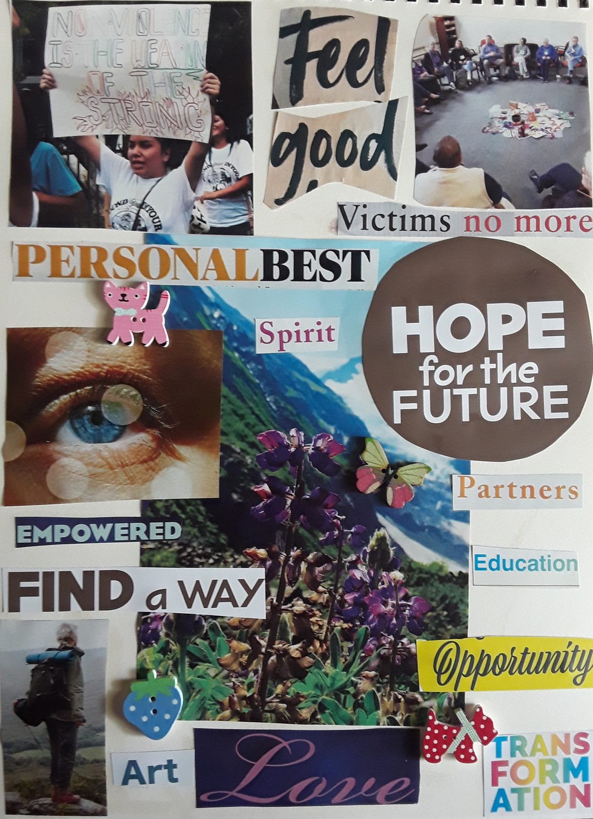 Round mixed-media collage artwork made in art therapy sessions, themed around growth and journeys