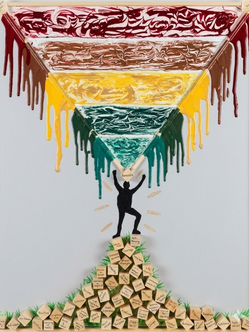 Layered painting made in art therapy, depicting a figure standing atop a pile of hand-labeled wooden blocks beneath dripping bands of color