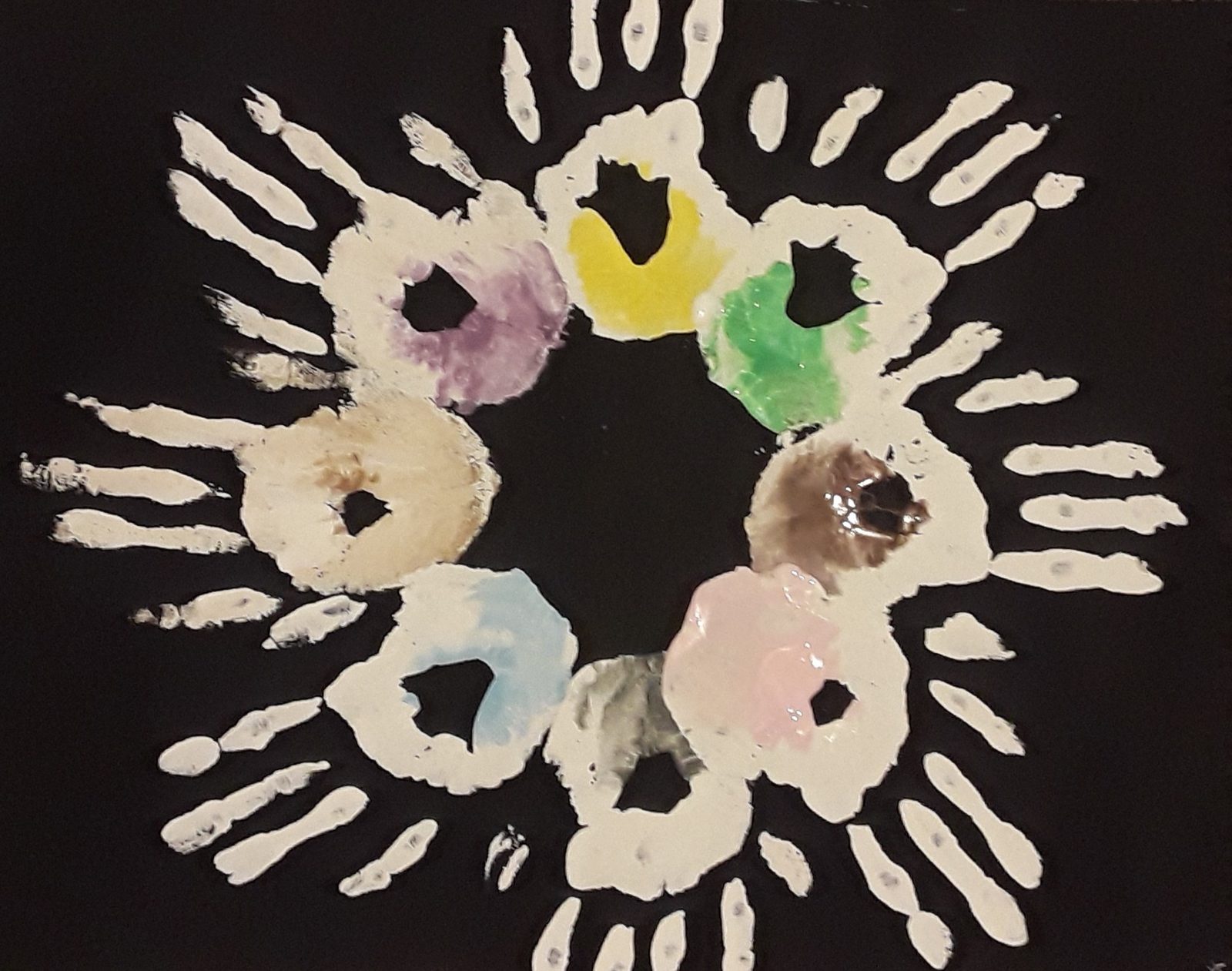 Handprint mandala artwork made in a group art therapy session, arranged in a circle of colors